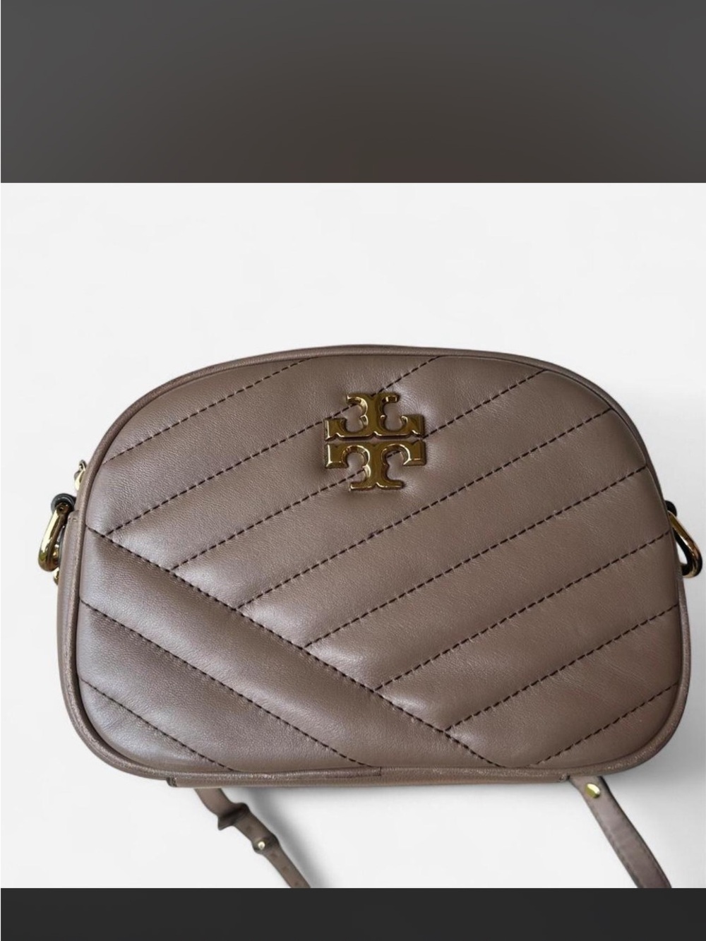 Tory Burch Kira Taupe Quilted Leather Camera Crossbody with Gold Logo